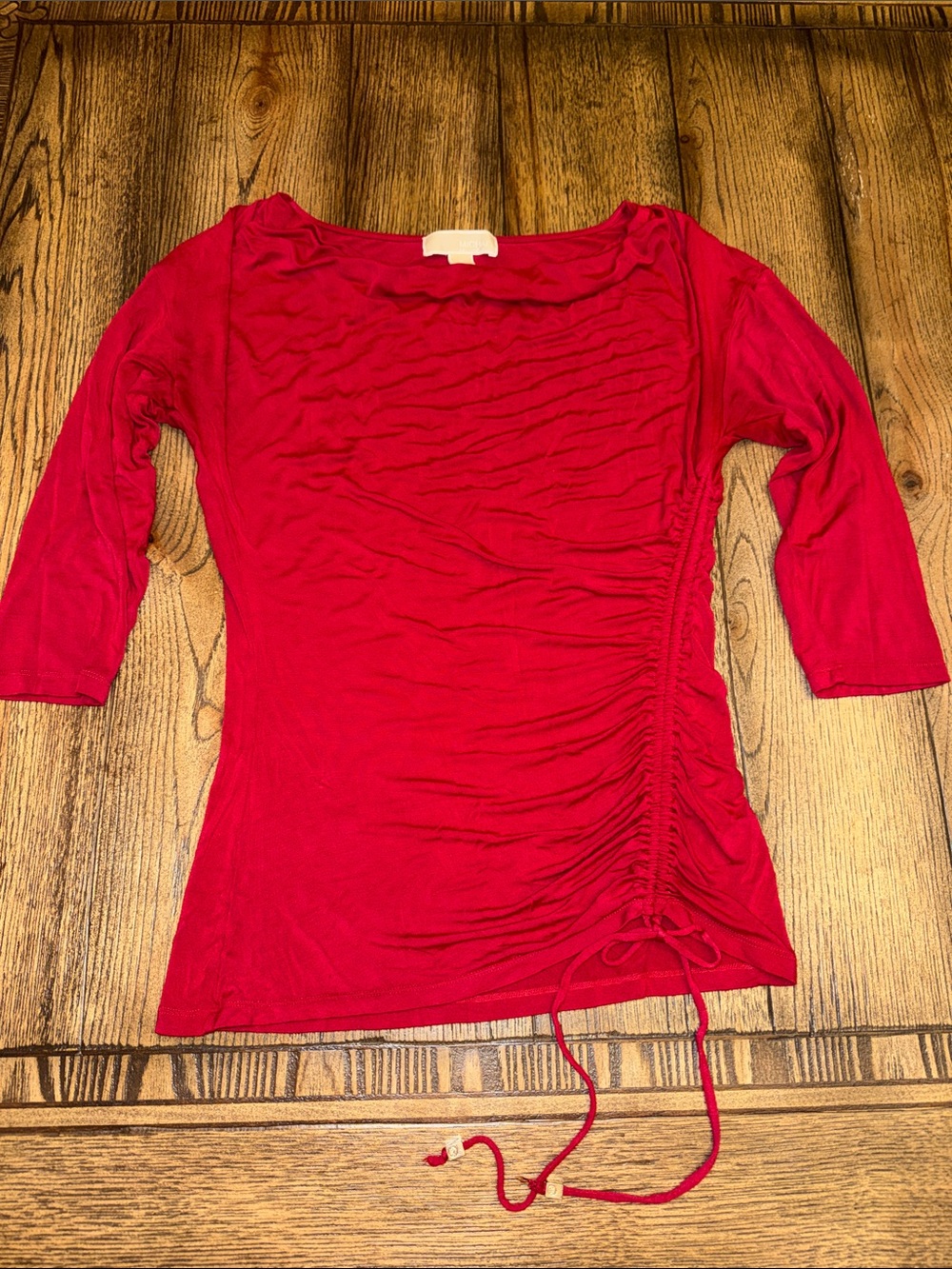 Michael Kors Bright Red Ruched Side-Tie Three Quarter Sleeve Cowl Neck Top